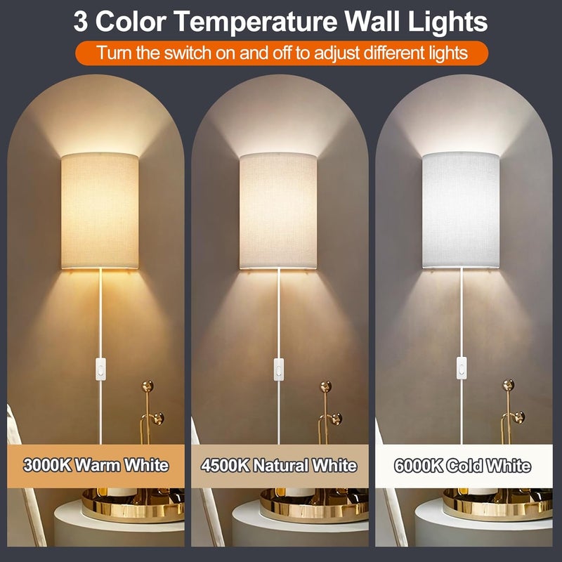 Yunaking Plug in Wall Sconces Set of Two: Wall Lights with On/Off Switch - Stepless Color Temperature Wall Mount Lamps - Fabric Linen Wall Sconce for Bedroom Living Room & Hallway- Indoor Corded Wall Sconces - Image 5